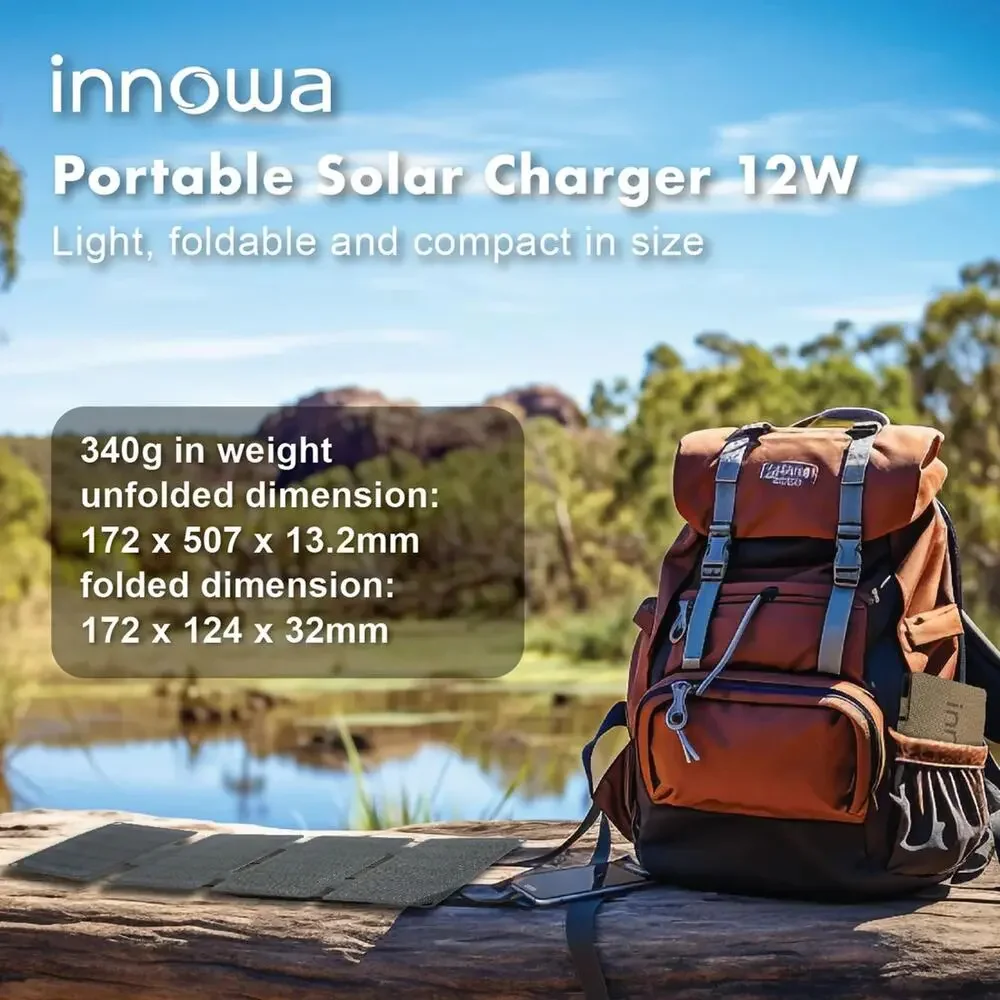 innowa Portable Solar Charger 12W (Gray) - Ultra Compact, USB-A Port, IPX67 Wate